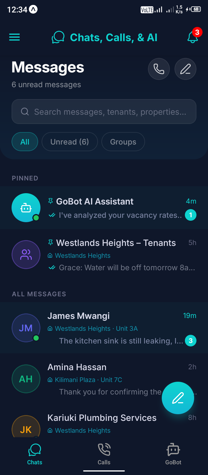 Messages screen